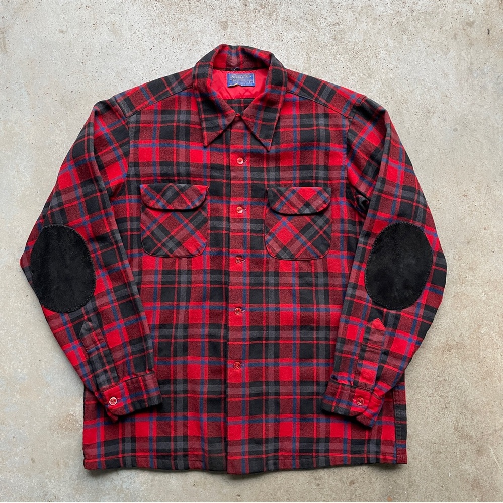 VTG 80s Pendleton Board Shirt Loop Collar w/ Suede Patches Red Plaid Size: L USA